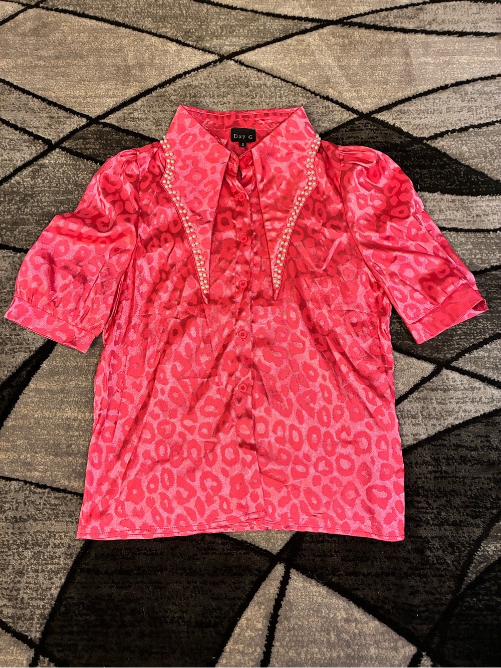 Day G Pink Leopard-Print Satin Blouse with Embellished Collar